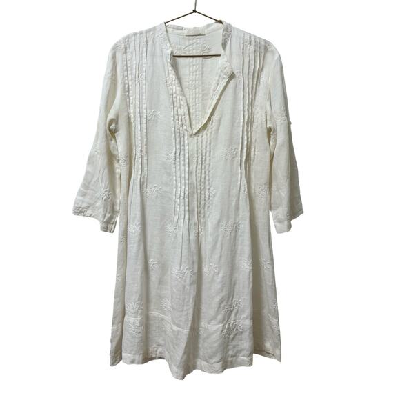 CP SHADES Womens Linen Floral Embroidered Tunic Top Size L White Coastal Beachy - Picture 1 of 8
